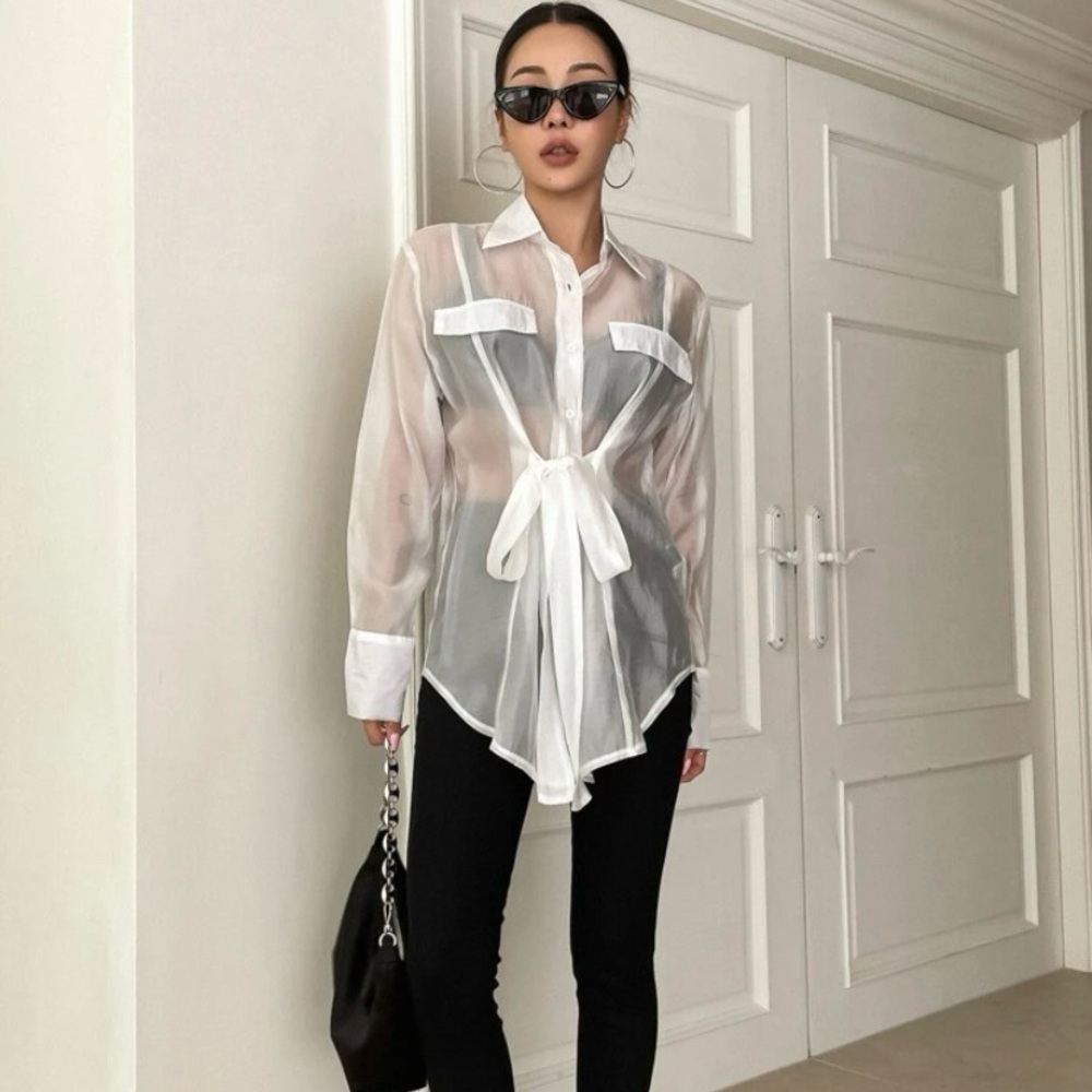 Dazy off white sheer front/back tie waist blouse size XL